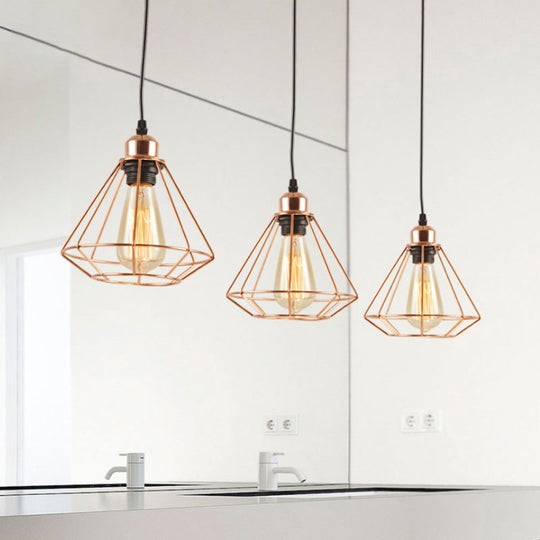 Loft Style Copper Diamond Caged Pendant Lamp - 3 Lights Black Finish
