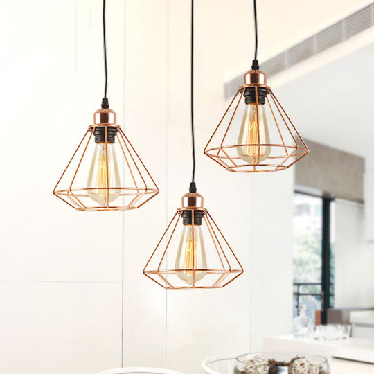 Loft Style Copper Diamond Caged Pendant Lamp - 3 Lights Black Finish