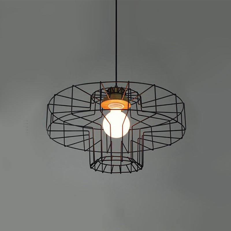 Retro Metal Pendant Light With Barrel/Cylinder Cage Shade - Bedroom Hanging Lamp In Black