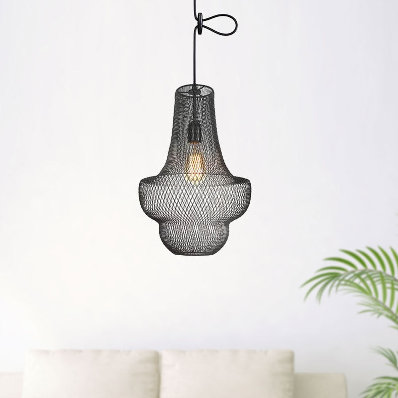 Industrial Black Mesh Cage Pendant Light - Modern Metal Hanging Lamp For Dining Room