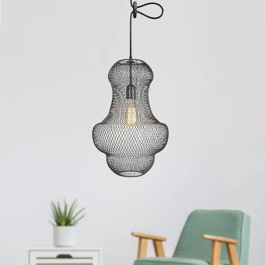 Industrial Black Mesh Cage Pendant Light - Modern Metal Hanging Lamp For Dining Room