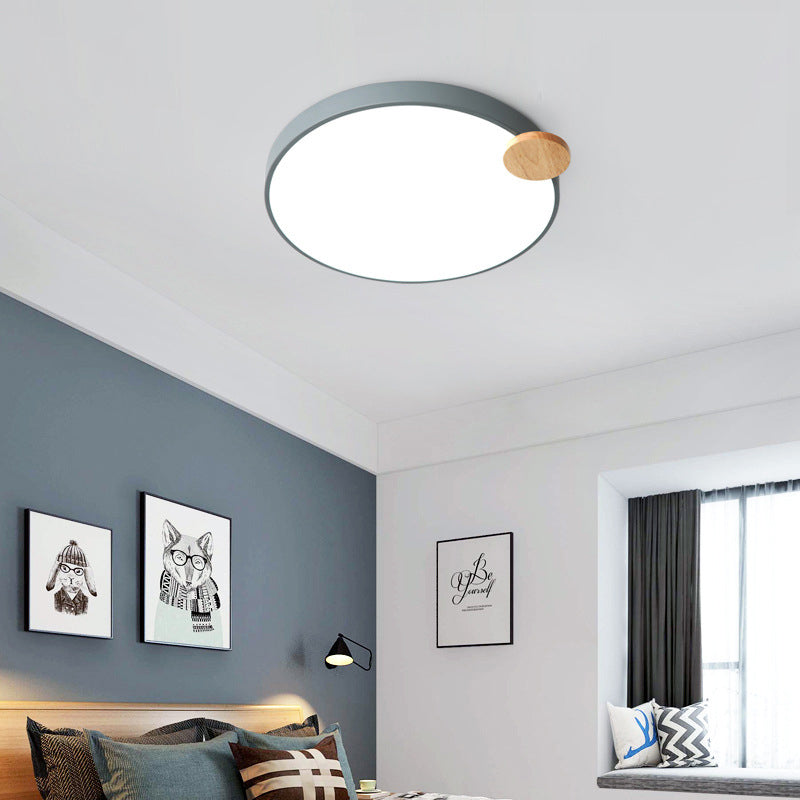 Modern Led Round Flush Mount Light With Wood Detail For Bedroom - 12’/16’/19.5