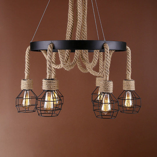 Dome Cage Retro Style Ceiling Pendant Light - 4/6 Bulbs Brown Rope And Metal Chandelier For Hallway