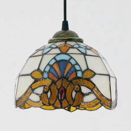 Baroque Style Stained Glass Dome Pendant Light With Hanging Cord