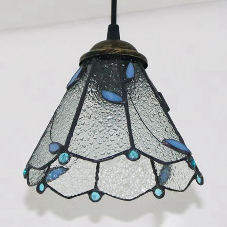 Tiffany Conical Hanging Lamp: Blue & Clear Cut Glass Suspension Light For Dining Room