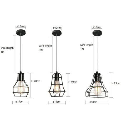 7 Type Modern Black Cage Pendant Lights Iron Minimalist Nordic Pyramid Lamp