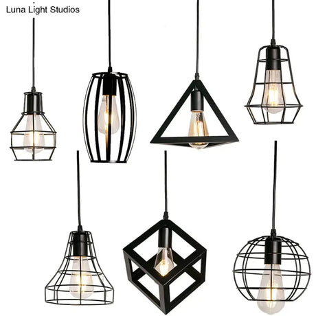 7 Type Modern Black Cage Pendant Lights Iron Minimalist Nordic Pyramid Lamp Pendant