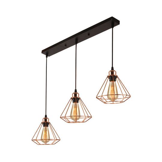 Loft Style Copper Diamond Caged Pendant Lamp - 3 Lights Black Finish