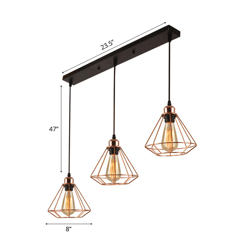 Loft Style Copper Diamond Caged Pendant Lamp - 3 Lights Black Finish