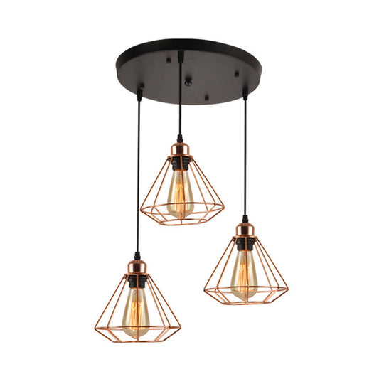 Loft Style Copper Diamond Caged Pendant Lamp - 3 Lights Black Finish
