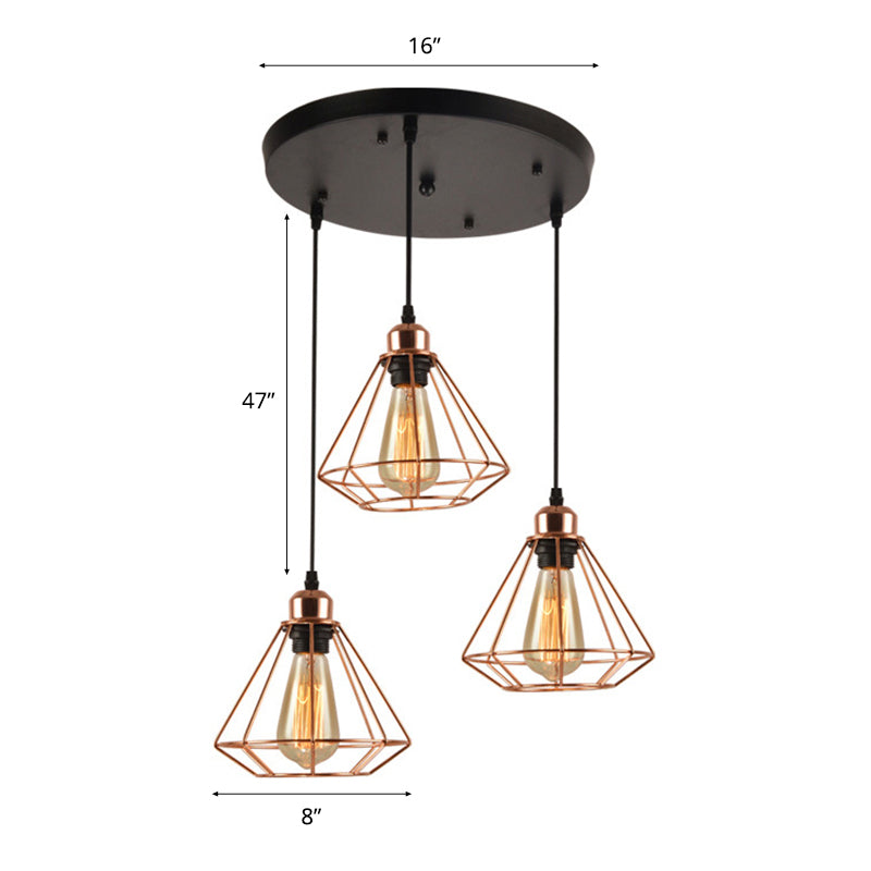 Loft Style Copper Diamond Caged Pendant Lamp - 3 Lights Black Finish