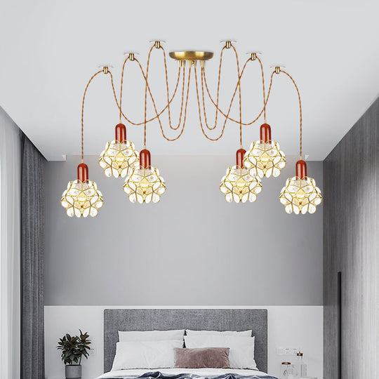 Traditional Gold Flower Bedroom Pendant Light - 2/3/4-Head Clear Water Glass Swag Lamp