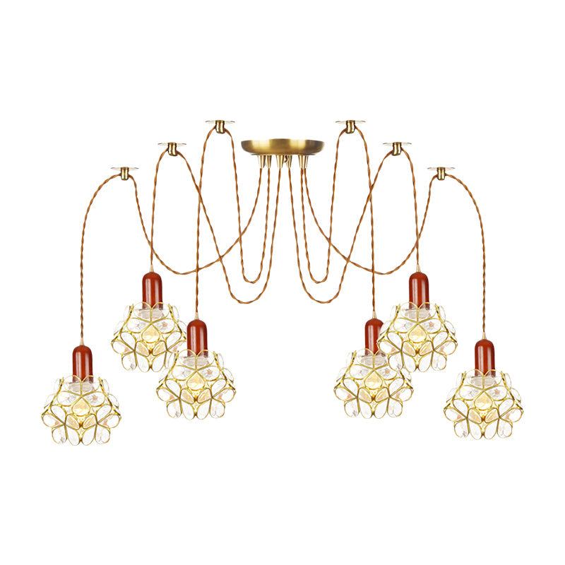 Traditional Gold Flower Bedroom Pendant Light - 2/3/4-Head Clear Water Glass Swag Lamp