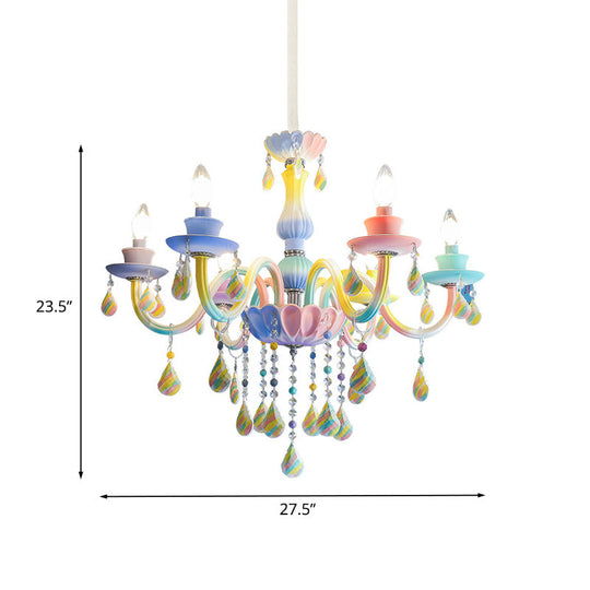 Blue Crystal Arm Pendant Chandelier For Kids - Elegant 6 Head Hanging Light With Curvy Design