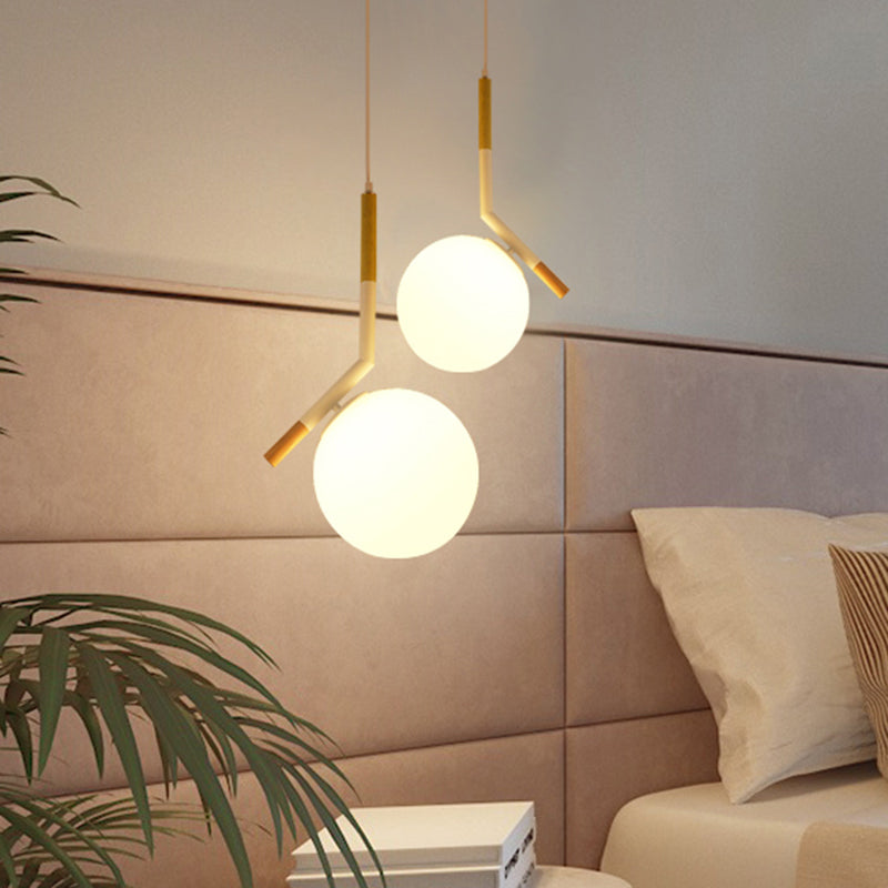 Modern White Glass Globe Pendant Light With Wood Hanging Lamp Kit 1-Head Angled Rod -