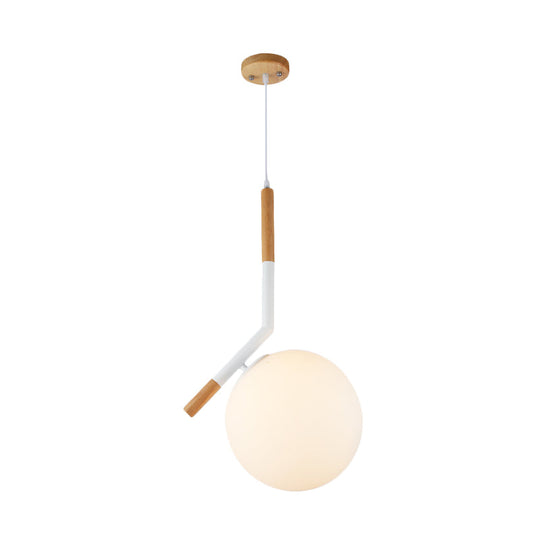 Modern White Glass Globe Pendant Light With Wood Hanging Lamp Kit 1-Head Angled Rod -