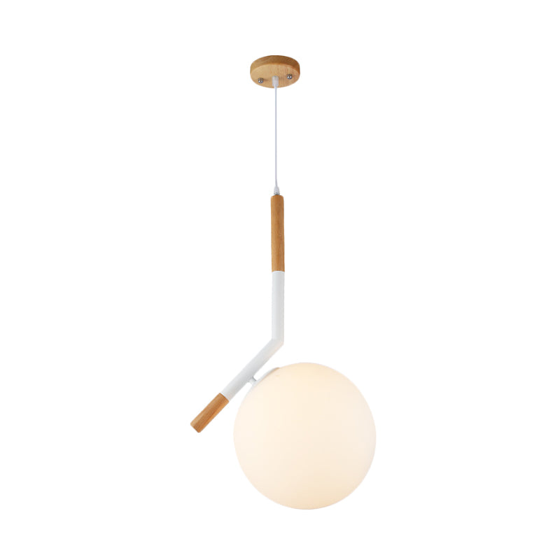 Modern White Glass Globe Pendant Light With Wood Hanging Kit Angled Rod (11.5/14.5 Wide)