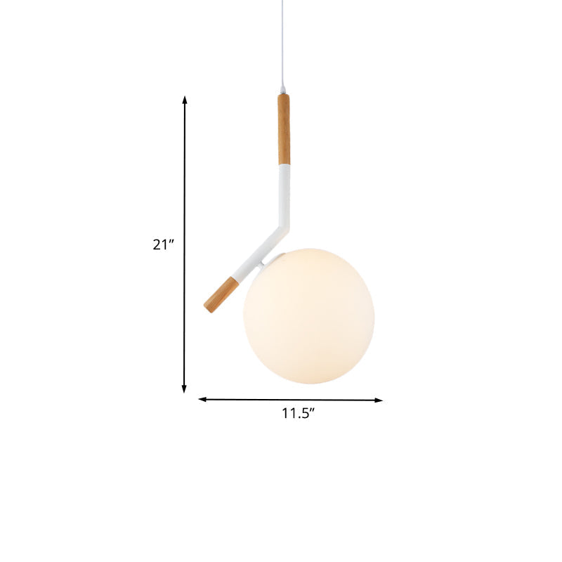 Modern White Glass Globe Pendant Light With Wood Hanging Kit Angled Rod (11.5/14.5 Wide)