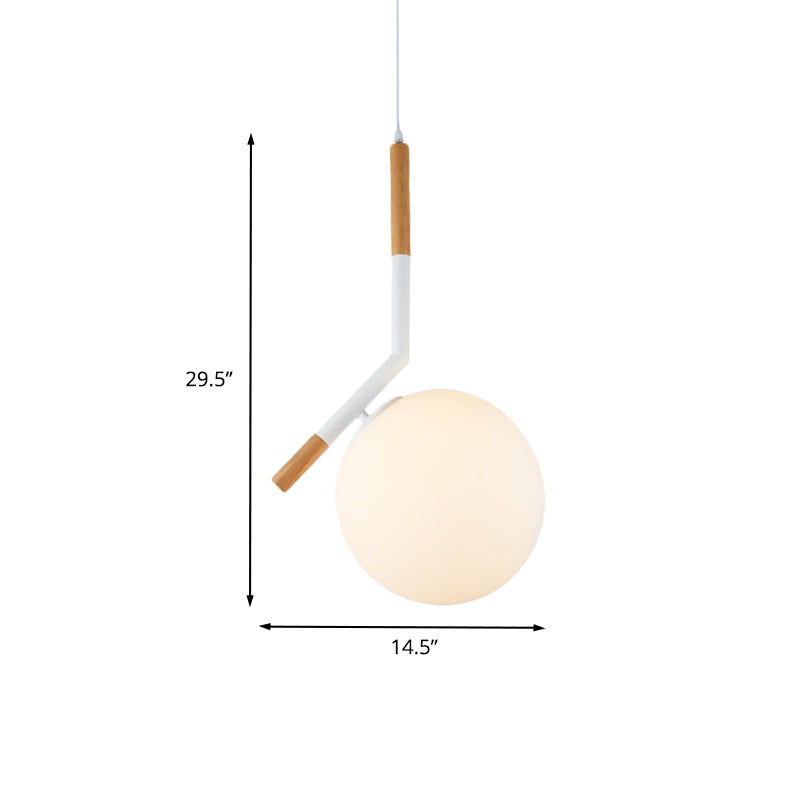 Modern White Glass Globe Pendant Light With Wood Hanging Lamp Kit 1-Head Angled Rod -