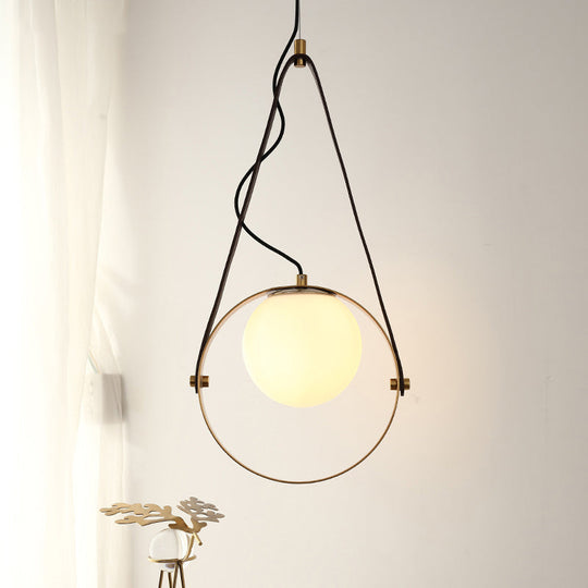 Modernist Gold Finish Ring Suspension Light - 1-Bulb Metal Ceiling Lamp With Belt Detail
