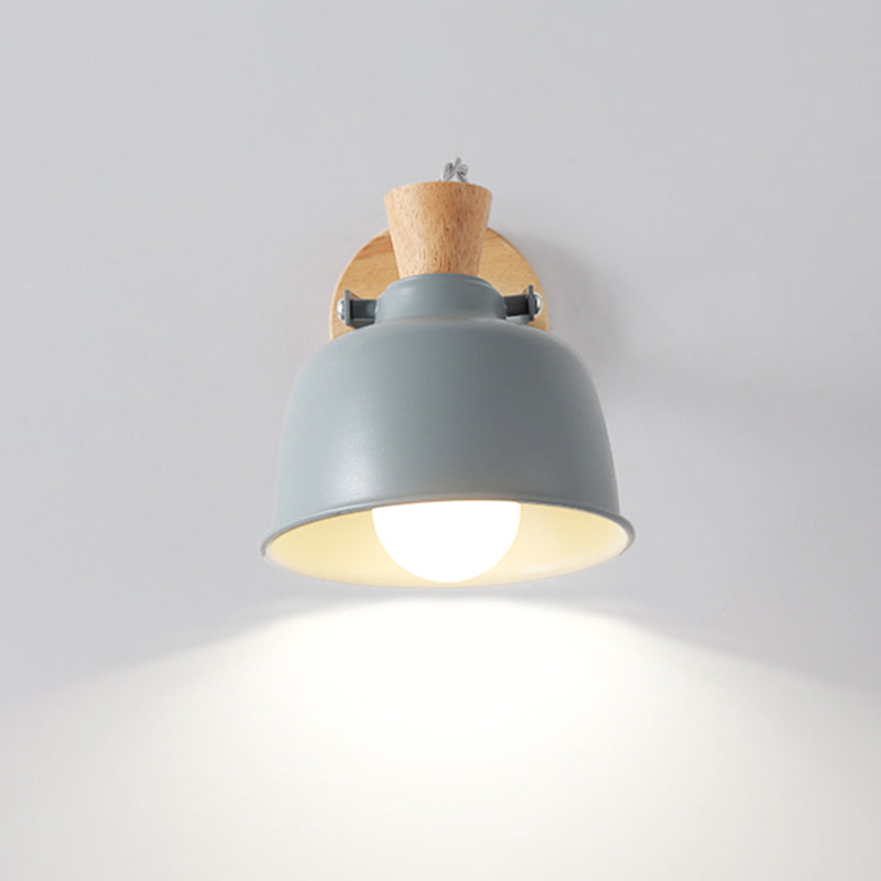 Iron Macaron Handle Wall Sconce Lamp - Bowl Bedside Light Fixture In Grey/Black With Wood Top Grey