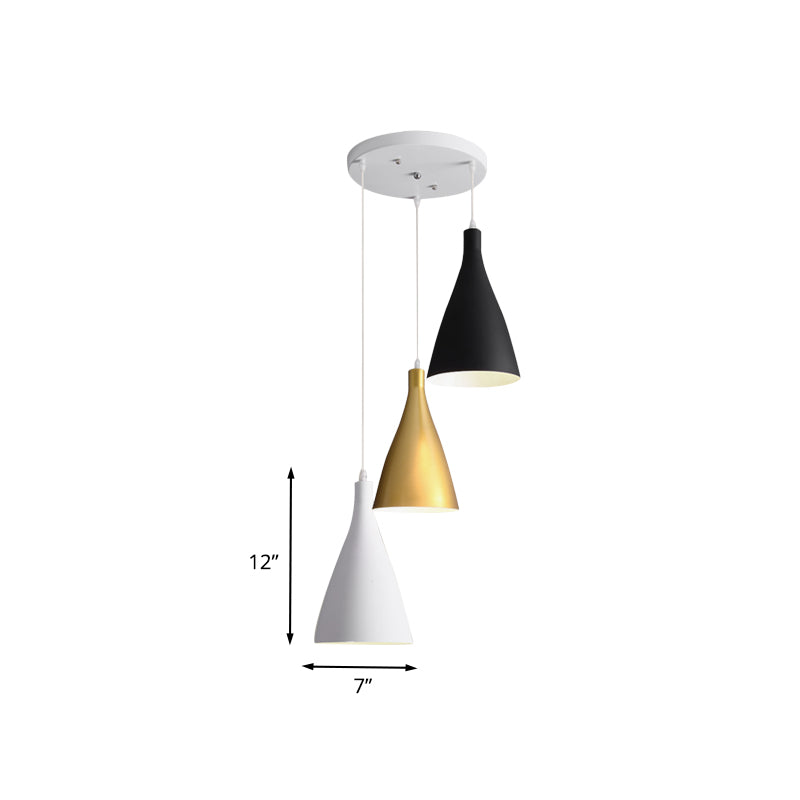 Modernist 3-Light Pendant: White-Black-Gold Conical Ceiling Lamp With Metal Shade Round/Linear