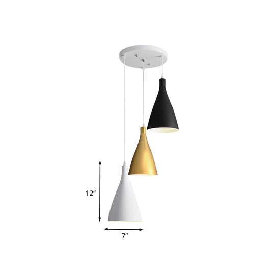 Modernist 3-Light Pendant: White-Black-Gold Conical Ceiling Lamp With Metal Shade Round/Linear