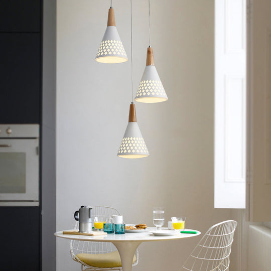 Modernist 3-Head Cone Pendant Light: Iron Cluster Lamp With Hollow Out Grid Design In White And Wood