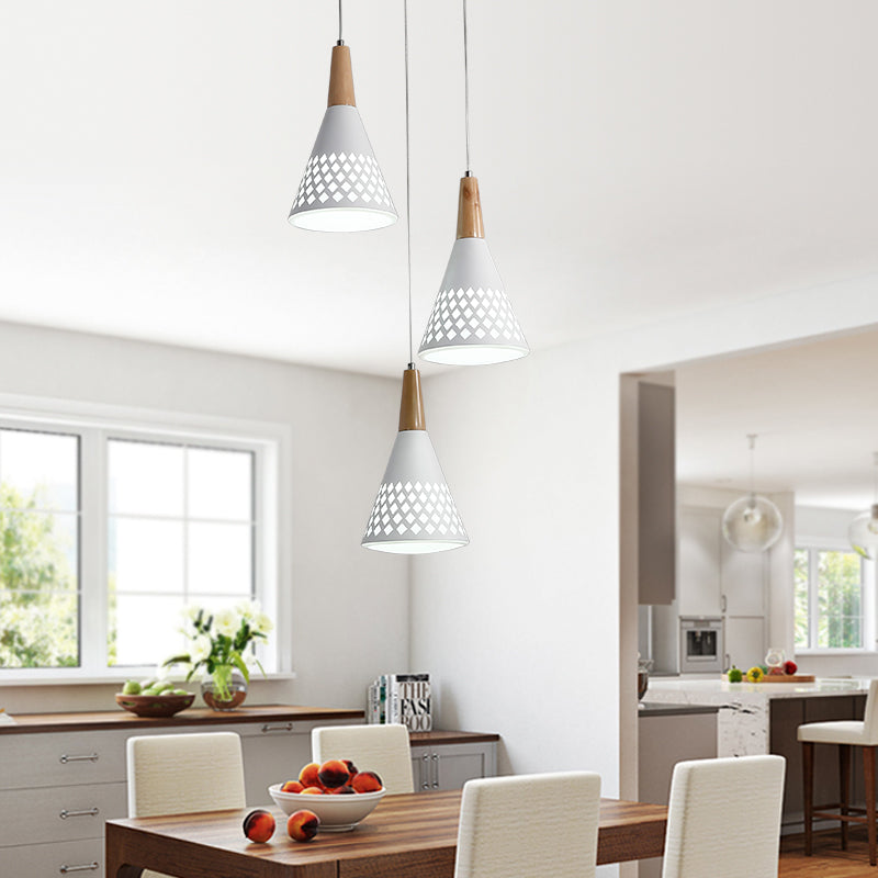 Modernist 3-Head Cone Pendant Light: Iron Cluster Lamp With Hollow Out Grid Design In White And Wood