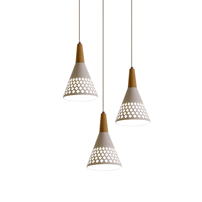 Modernist Iron Cone Cluster Pendant Light With Hollow Out Grid Design - White And Wood