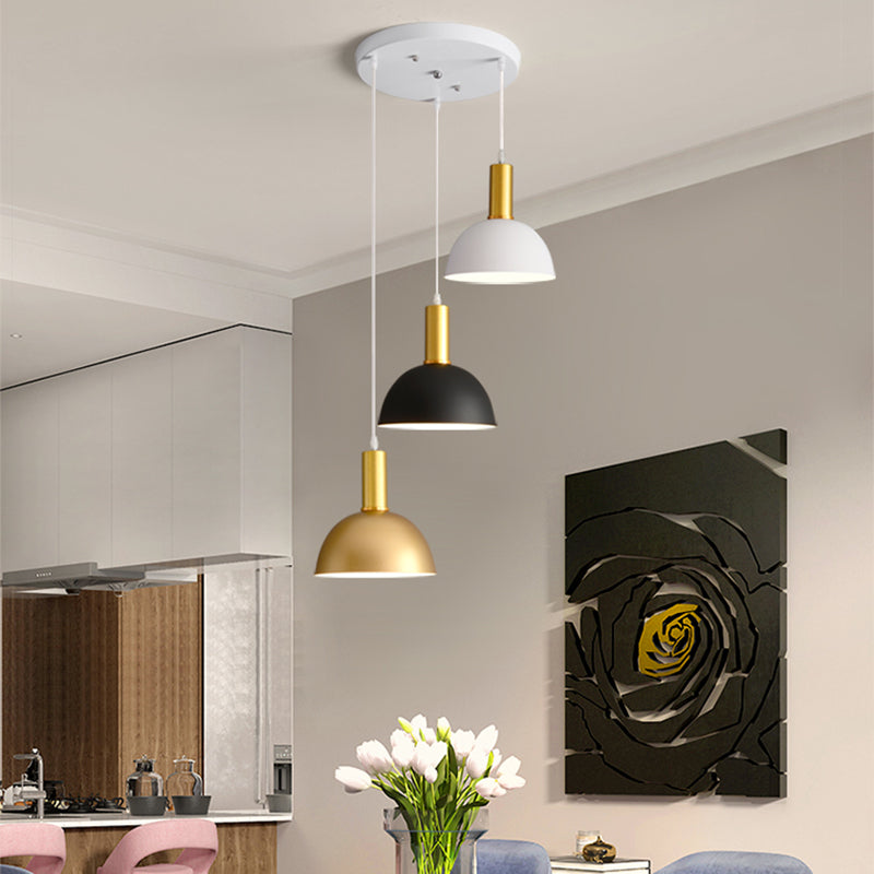 Nordic Domed Hanging Light Kit - 3-Head Iron Pendant In White-Black-Gold For Stylish Dining Rooms