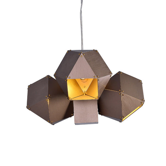 Modern Aluminum 3-Light Polyhedron Chandelier Pendant Lamp In Coffee For Restaurants
