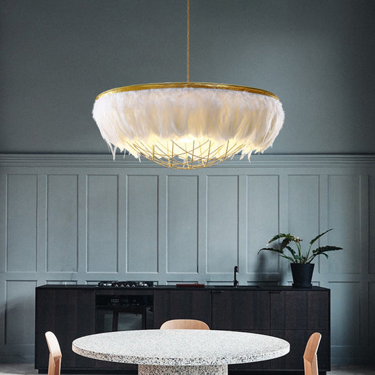 Modern Dome Cage Metallic Chandelier: Gold 2-Bulb Ceiling Lamp With Feather Deco - White Grey Pink