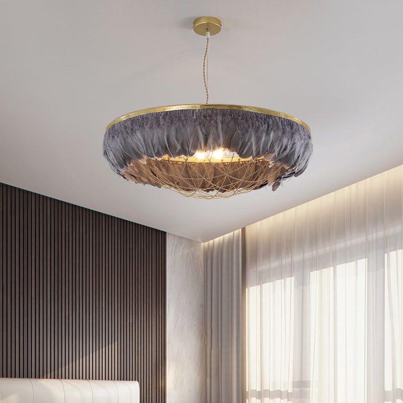 Modern Dome Cage Metallic Chandelier: Gold 2-Bulb Ceiling Lamp With Feather Deco - White Grey Pink