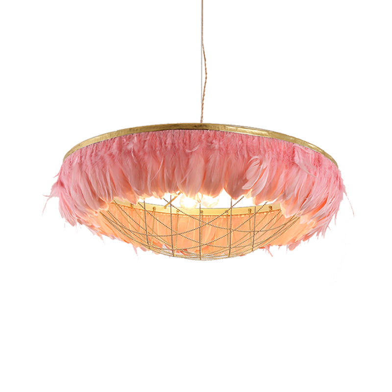 Modern Dome Cage Metallic Chandelier: Gold 2-Bulb Ceiling Lamp With Feather Deco - White Grey Pink