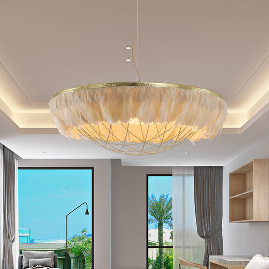 Modern Dome Cage Metallic Chandelier: Gold 2-Bulb Ceiling Lamp With Feather Deco - White Grey Pink