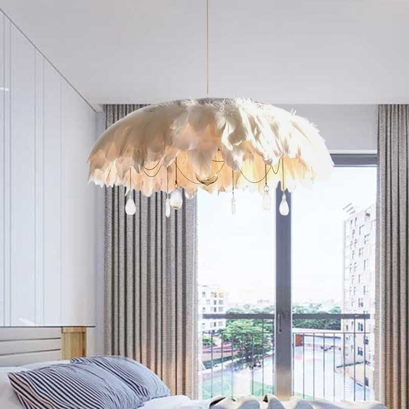 Modern Feather Hanging Lamp: White Fabric Pendant With Crystal Drop