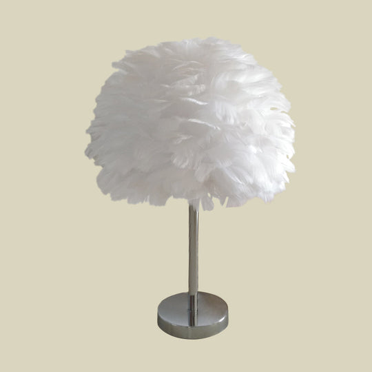Contemporary Feather Night Table Lamp - Globe Bedside Light In White/Grey/Pink