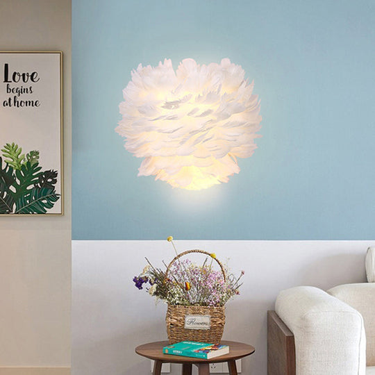 Contemporary White Feather Flush Wall Sconce - 1 Bulb Fabric Mounted Light For Bedside