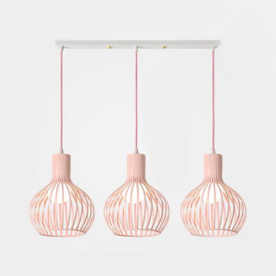 Wire Dome Shade Industrial Ceiling Light With 3 Bulbs - Grey/Pink For Dining Room Hanging Pink /
