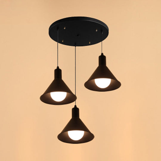 Industrial Metallic Funnel Dining Room Ceiling Light - 3-Light Black Pendant With Linear/Round