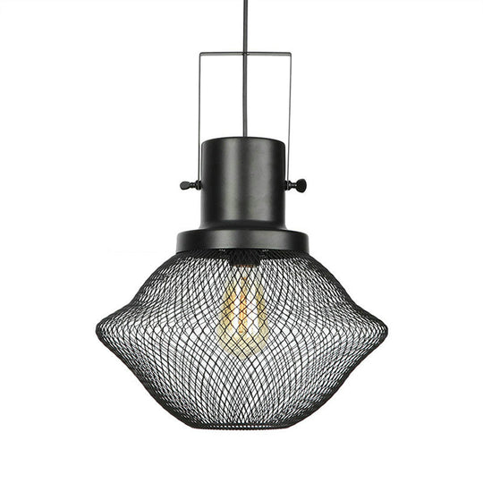 Industrial Metal Pendant Light - Mesh Cage 1-Light Black Shade Living Room Hanging Lamp