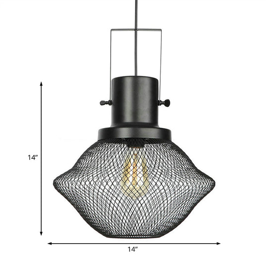 Industrial Mesh Cage Pendant Light - Black Metal Single Lamp For Living Room Hanging With Shade