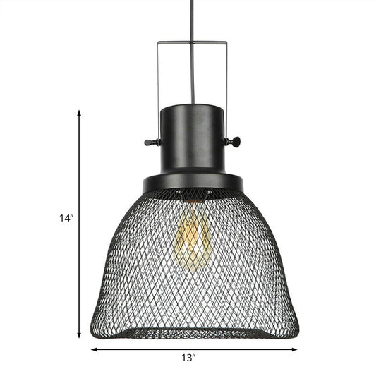 Industrial Mesh Cage Pendant Light - Black Metal Single Lamp For Living Room Hanging With Shade