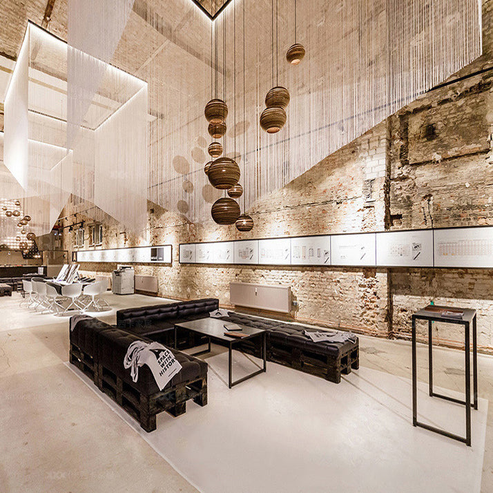 Asian Stylish Brown Corrugated Paper Pendant Lamp With Drum Shape And Globe Design - 1 Light Indoor