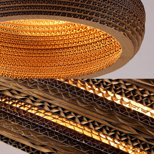 Asian Stylish Brown Corrugated Paper Pendant Lamp With Drum Shape And Globe Design - 1 Light Indoor