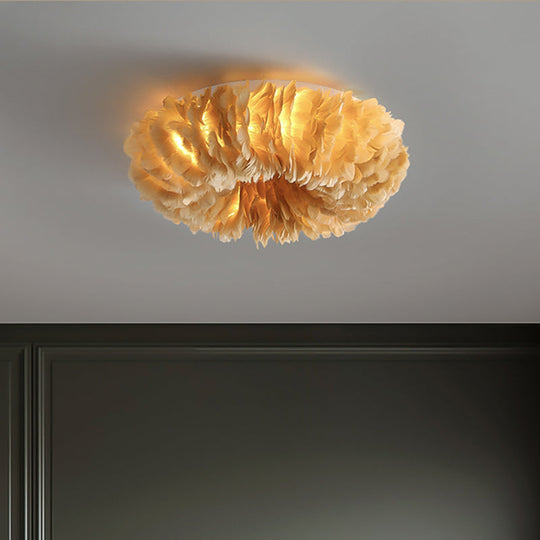 Modern Feather Flushmount Ceiling Light With 3/6 Fabric Heads In White/Grey/Pink For Bedroom