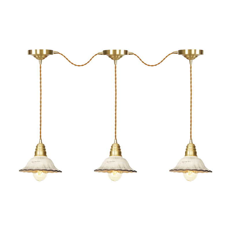 Gold Ceramics Suspension Lamp - Traditional Scalloped Multi-Hanging Light With Series Connection