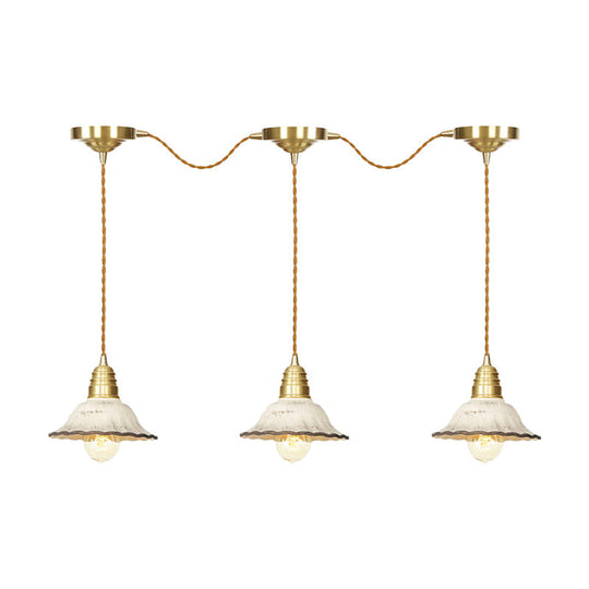 Gold Ceramics Suspension Lamp - Traditional Scalloped Multi-Hanging Light With Series Connection