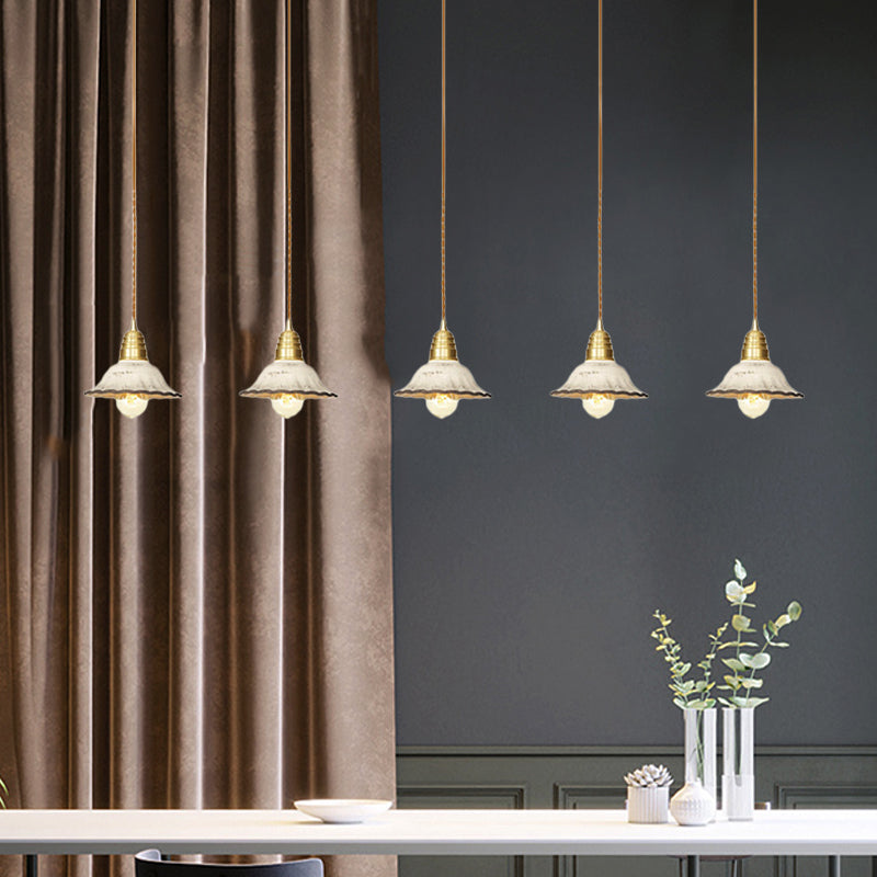 Gold Ceramics Suspension Lamp - Traditional Scalloped Multi-Hanging Light With Series Connection
